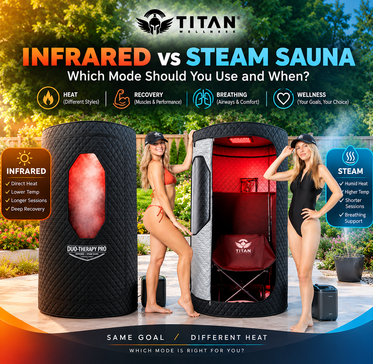 Titan Wellness infrared vs steam sauna comparison with dual heat modes, recovery benefits, and wellness features.